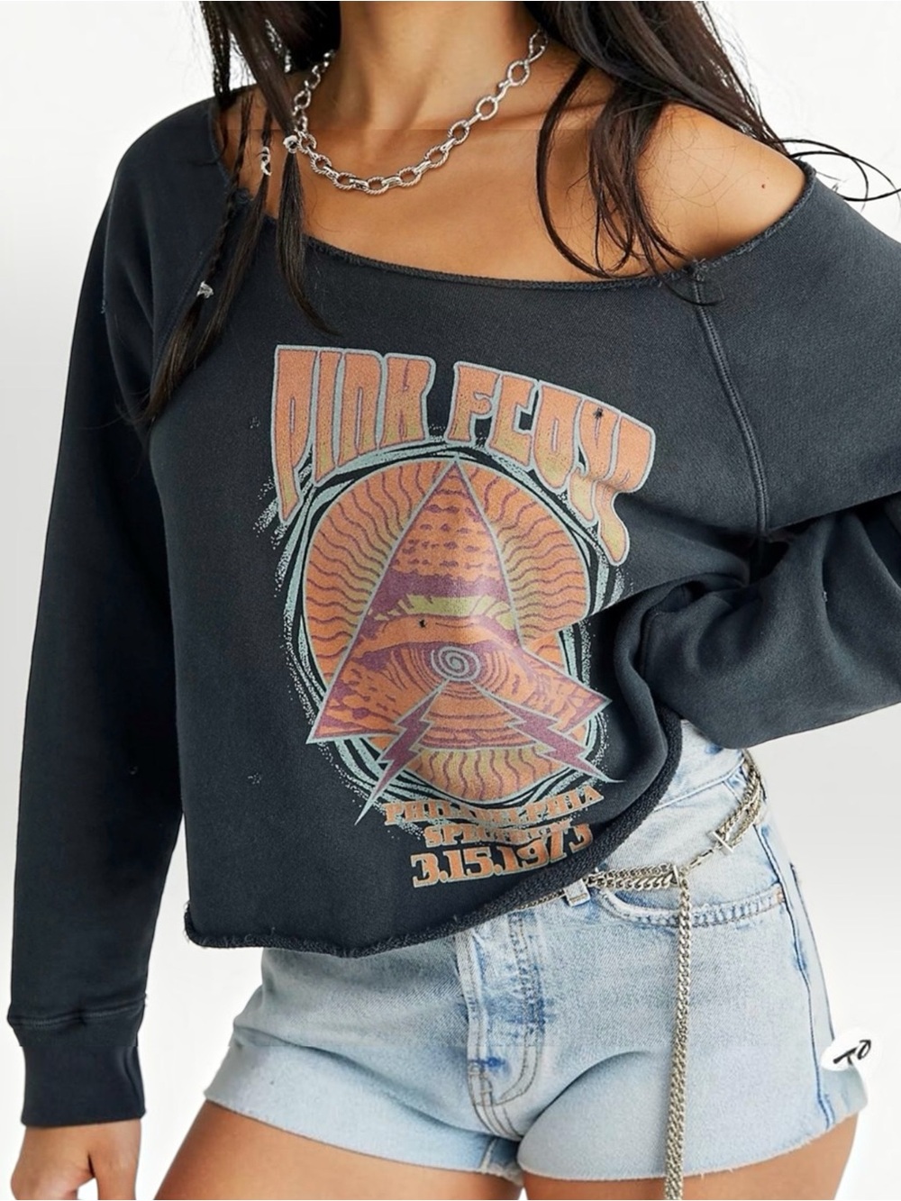 Original Retro Brand Pink Floyd Off-Shoulder Crewneck Vintage Black Womens XS